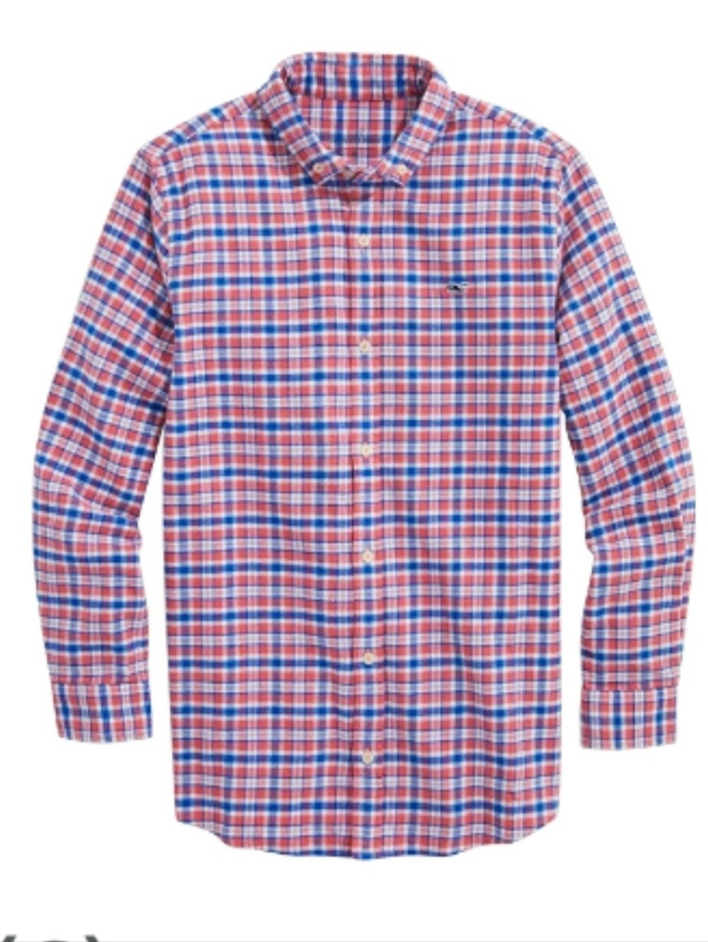 Vineyard Vines Boys M 10-12 Coral Blue Plaid Stretch Flannel Whale Shirt